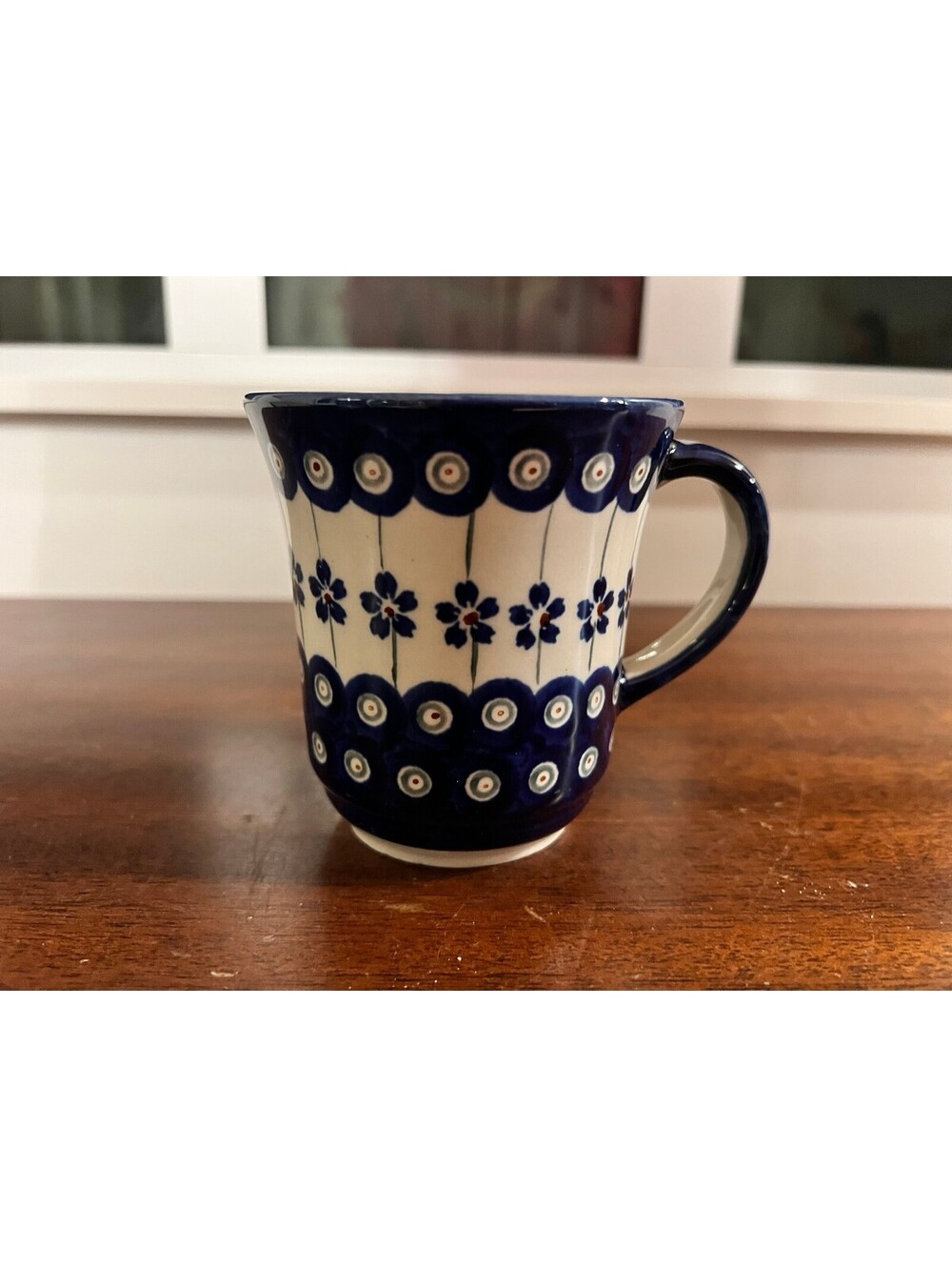 Boleslawiec Polish Pottery Mug Blue Peacock Eye Floral Handmade Poland 4"